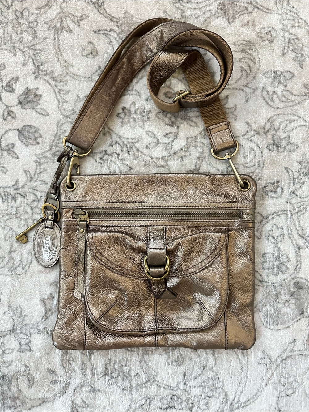 Vintage Fossil Metallic Bronze Gold Leather Crossbody Bag Key Fob Purse Y2K